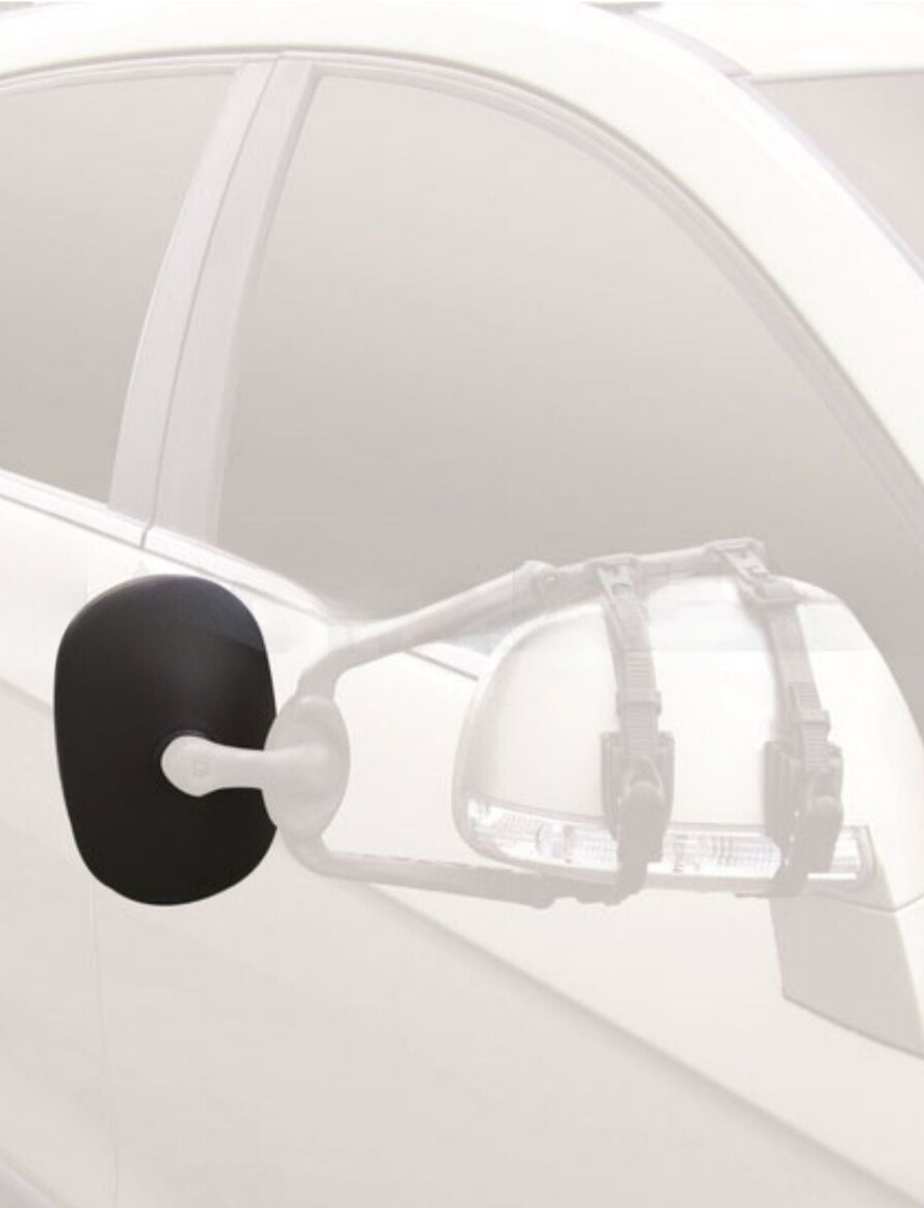 A car side mirror fitted with an additional Sunland-Protection MIRROR TOWING HEAD - SUITS MH3009 is shown. The towing mirror, securely attached with adjustable straps, extends for better rear visibility. A blurred white car door is seen in the background.