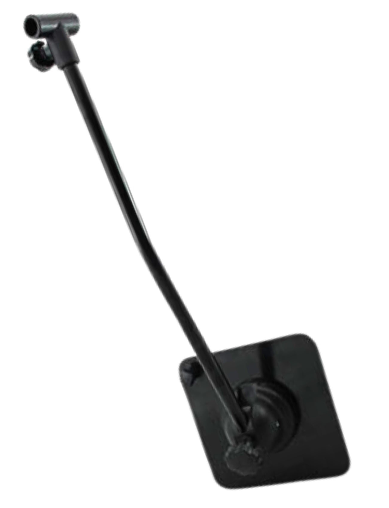 A black bicycle kickstand with an adjustable support arm and a rectangular magnetic base. The top clamp mechanism attaches securely to a bicycle frame. From Sunland-Protection, the MIRROR BRACE ARM W/MAGNET SUITS MH3007 ensures stability on any ride.