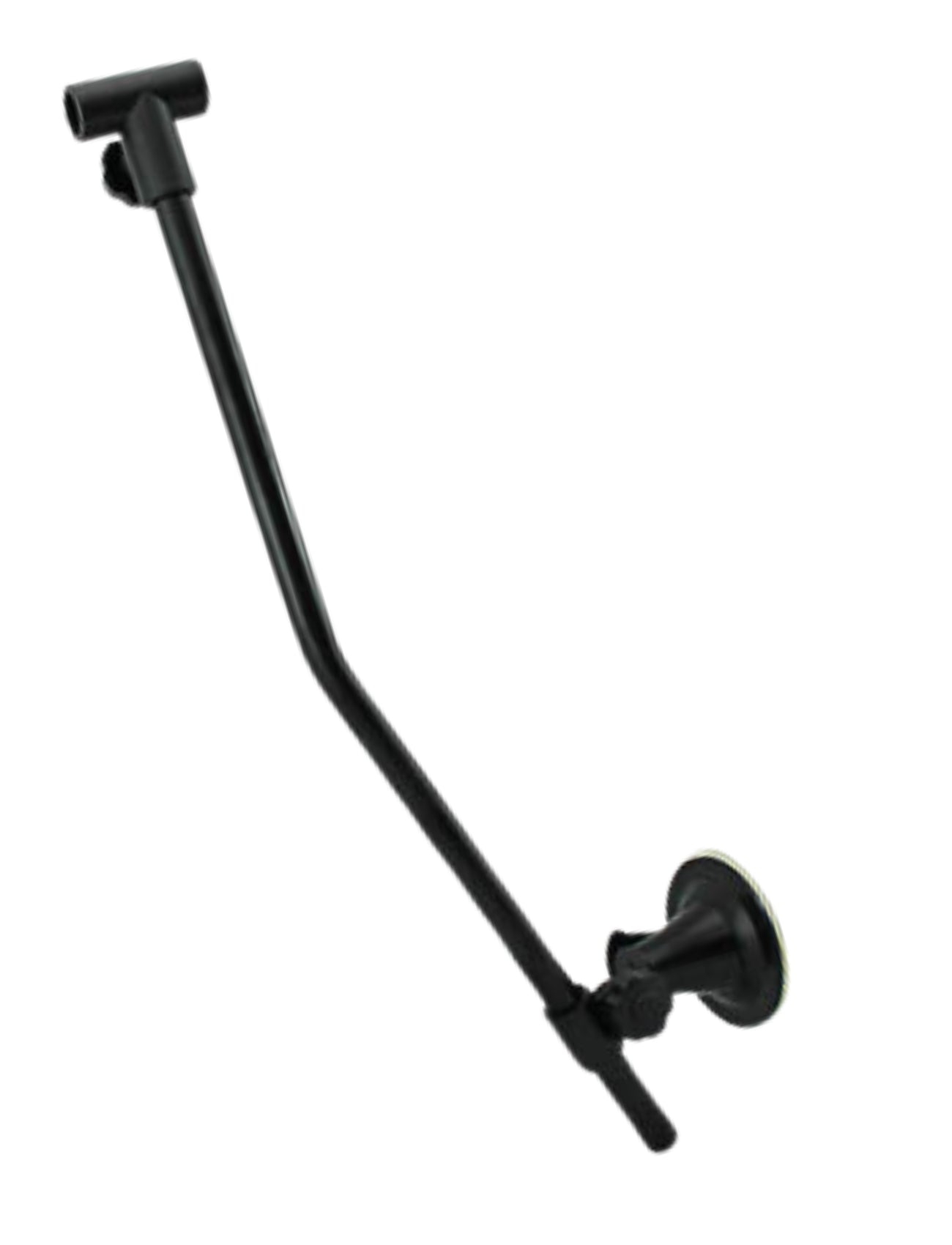 A black adjustable MIRROR BRACE ARM W/SUCTION CUP PAIR by Sunland-Protection features a curved design and sturdy support arm mounting base for universal fitment, allowing flexible positioning.