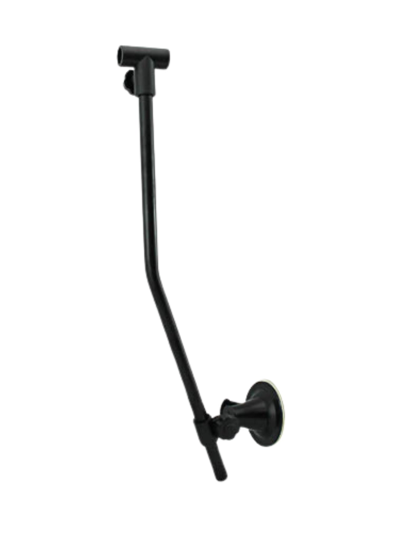A black adjustable shower head arm named "Mirror Brace Arm w/Suction Cup Pair" by Sunland-Protection. This wall-mounted arm has a universal fit and features a slightly curved design ending in a T-shaped connector for secure shower head attachment.