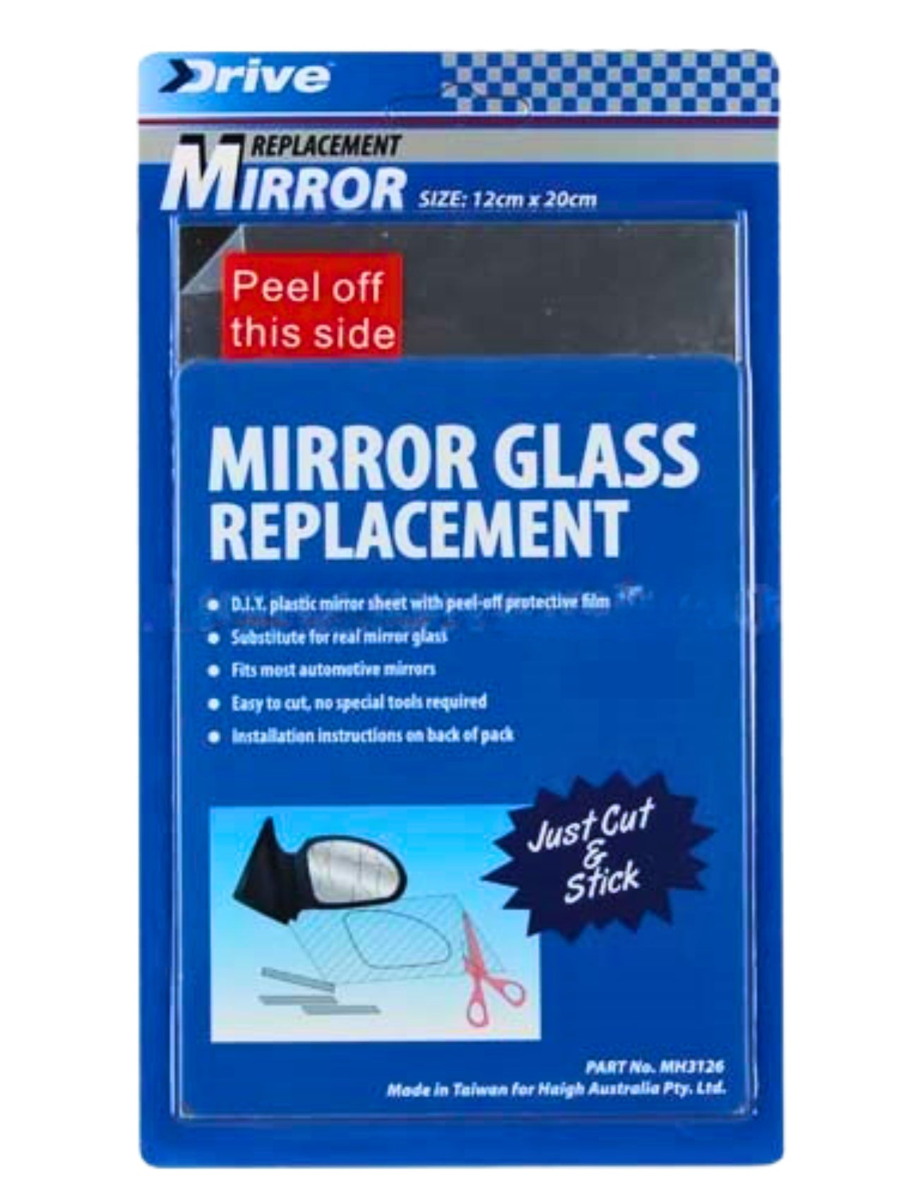 Sunland-Protection's MIRROR REPLACEMENT LENS 127x203mm 5x8 comes in blue packaging, featuring "O.E. Mirror Glass" and a mirror with scissors graphic. Included are instructions, details, and a red "Peel off this side" label for temporary replacement use.
