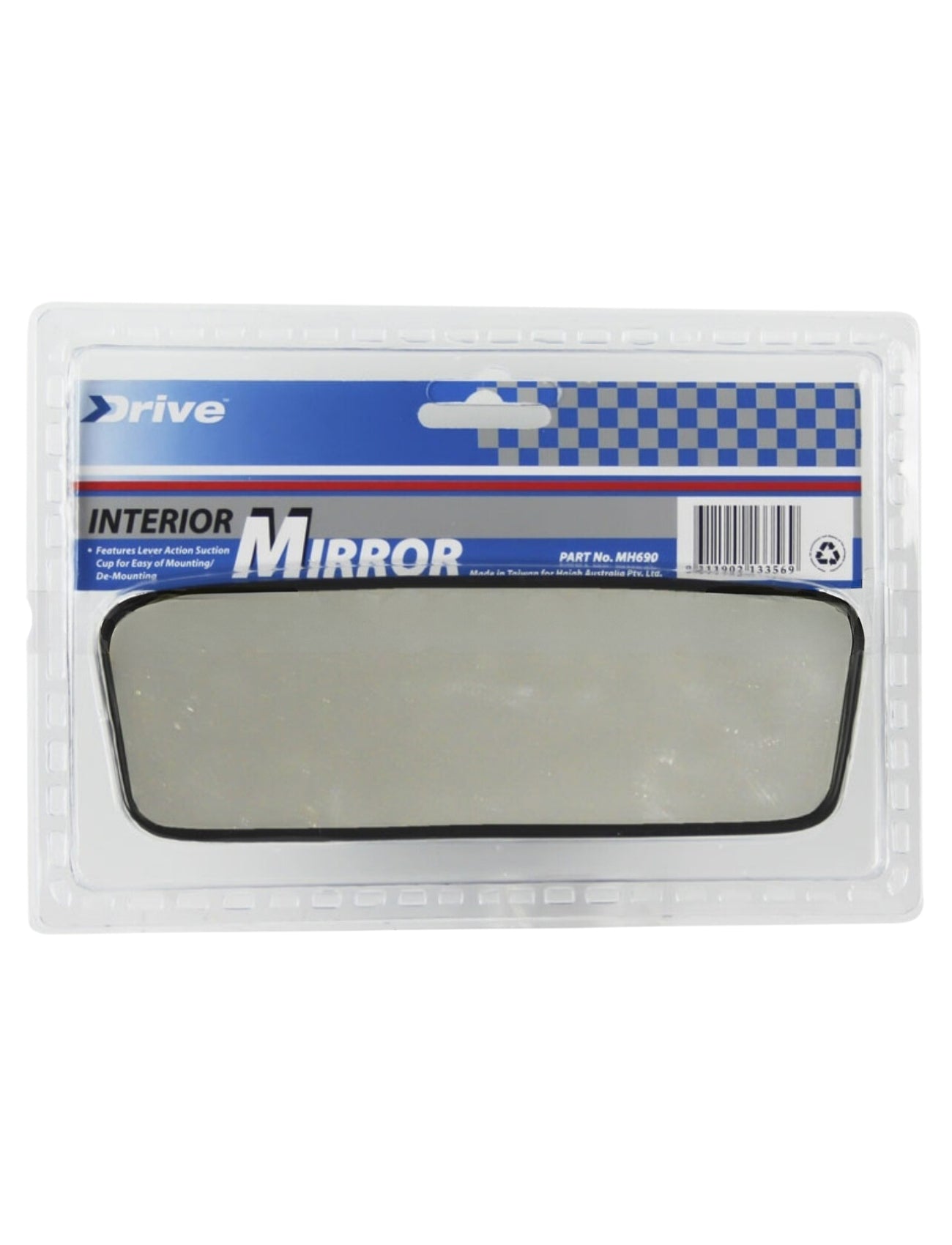 The Sunland-Protection interior rearview mirror, labeled "Drive," in blue and white checkered packaging with part number MH050, features a fade-free, low-distortion design. It comes with a suction cup, making it suitable for all vehicles.