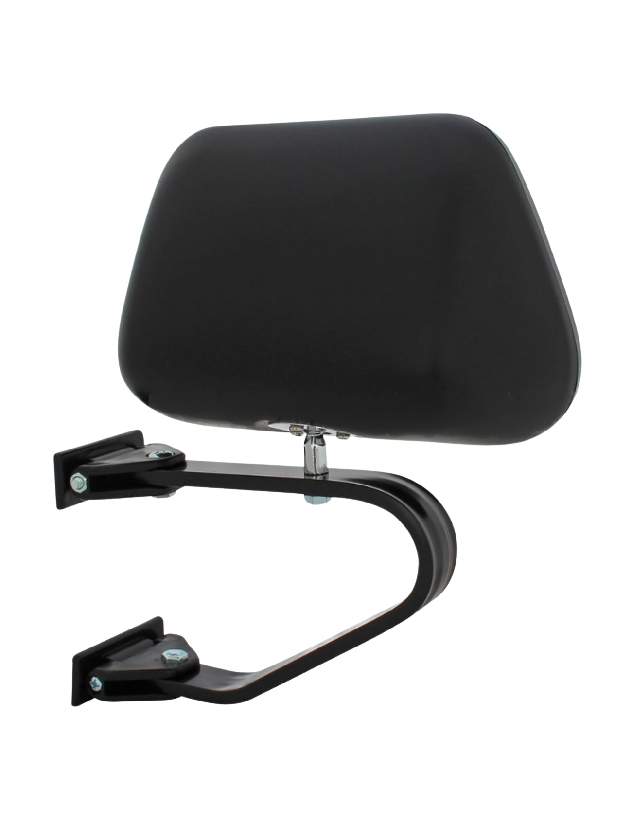 The Sunland-Protection MIRROR SWING AWAY, measuring 230 x 140mm in black, features a universal fitment with a metal frame and mounting brackets. Shown against a white background, it's ideal for 4WDs with its curved support bar and flat rectangular cushion design.