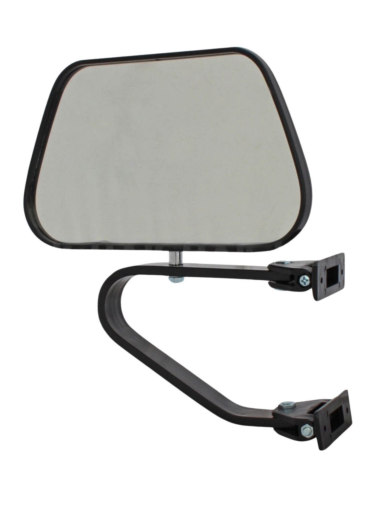 The Sunland-Protection MIRROR SWING AWAY, measuring 230 x 140mm, features a rectangular mirror with rounded edges on a black bracket. Designed for 4WDs, it has flat square mounting ends for universal fitment and a sleek reflective surface with a metallic finish.