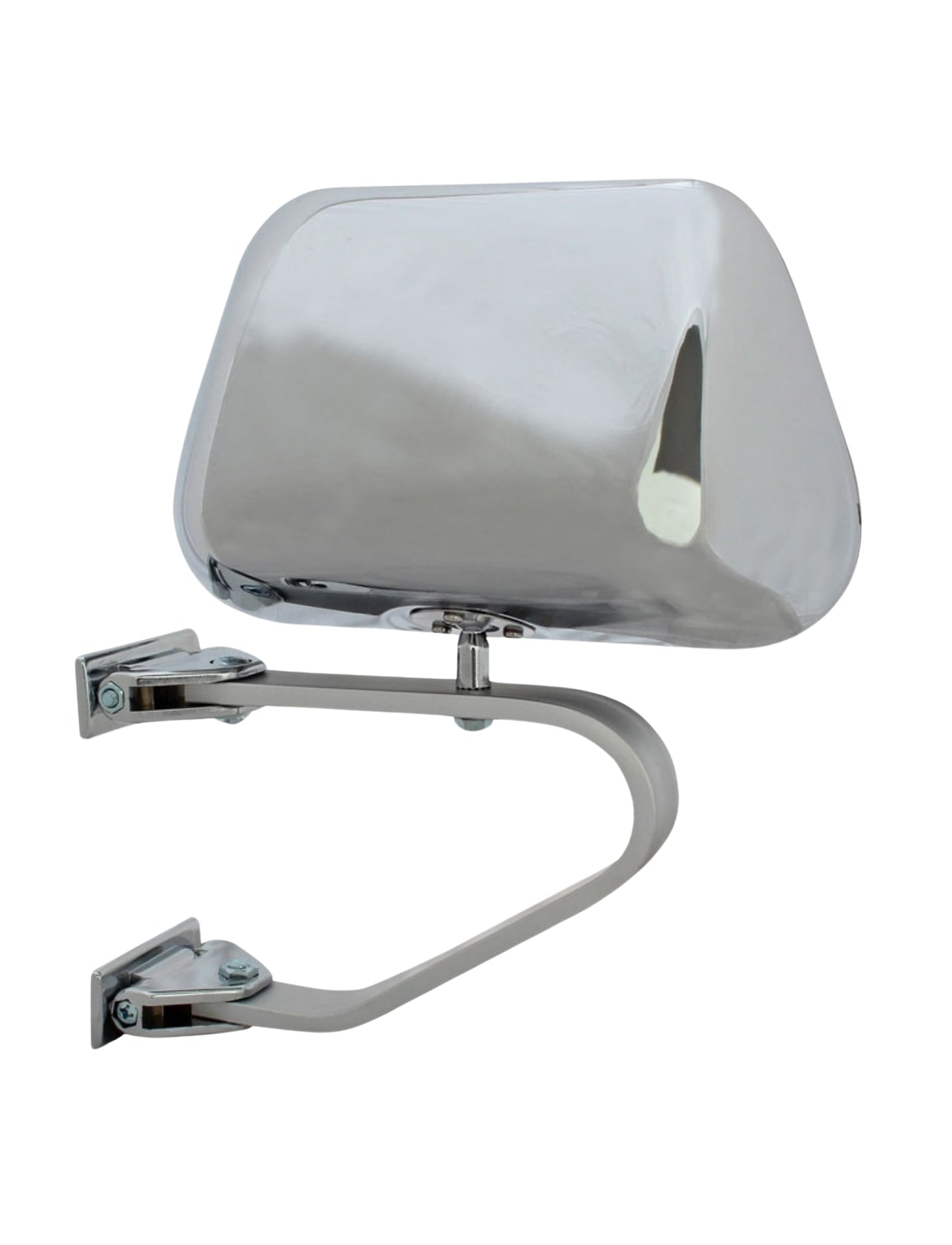 The Sunland-Protection MIRROR SWING AWAY, measuring 230 x 140mm in chrome, is a shiny metal dryer with rounded edges. Mounted on a curved arm akin to a swingaway mirror, its smooth reflective surface and universal wall bracket enhance any space's elegance.