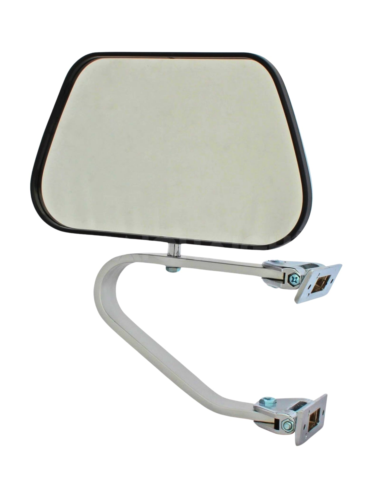 The Sunland-Protection Mirror Swing Away 230x140mm Chrome is a universal rectangular side view mirror for 4WDs, featuring a smooth grey reflective surface, metallic hardware, and a strong metal arm with swing-away functionality and secure mounting brackets.