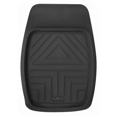 The Traymat Front Black Single by Mean Mother 4x4 is a trim-to-fit black rubber floor mat with a geometric pattern. It features a textured surface for grip, slightly raised edges, and effectively traps dirt.
