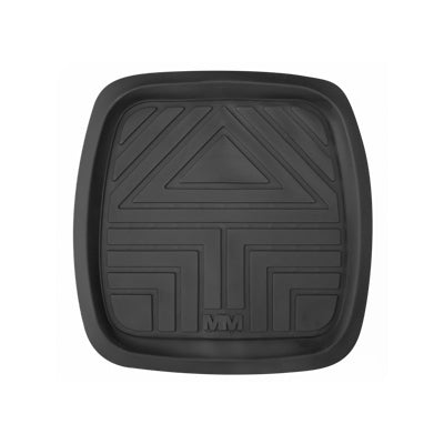 The Mean Mother 4x4 Traymat Rear Black Single is a square, black floor mat with geometric patterns and a central logo, inspired by stylish tray mat designs.