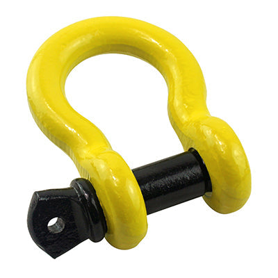 The Mean Mother 4x4 Bow Shackle 3.25T, featuring a yellow D-ring and black screw pin, is perfect for towing and lifting recovery tasks, complementing an electric winch.