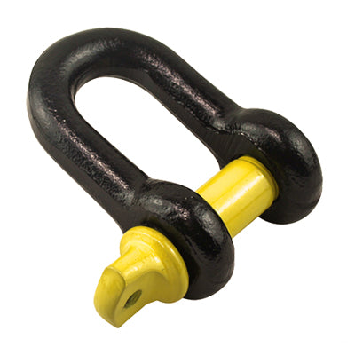 A Mean Mother 4x4 D Shackle 4.7T, featuring a black and yellow design, essential for towing or lifting with recovery straps, rests on a white background.
