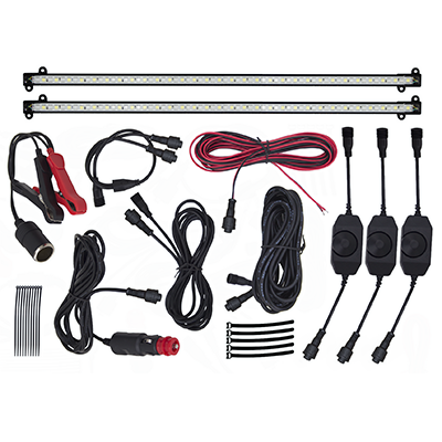 The Mean Mother 4x4 Led Light Bar Kit - Dual Colour 12V includes waterproof LED light bars, magnetic end caps, cables, connectors, switches, clamps, and zip ties—all neatly arranged on a flat surface.