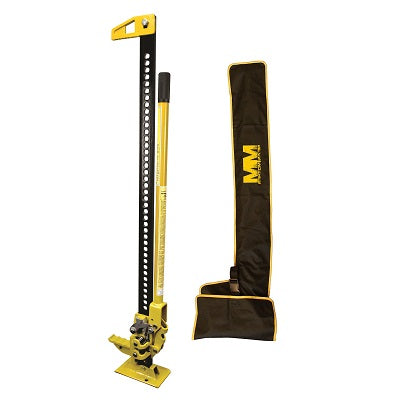 The Mean Mother 4x4 High Lift Jack 48" in yellow and black features a perforated metal bar and handle, standing upright alongside its matching carrying case. Designed as a rugged recovery accessory, it is ideal for demanding tasks.