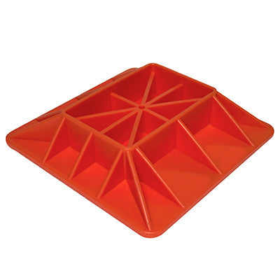 The Mean Mother 4x4 High Lift Jack Sand Base is a bright orange, rectangular stabilizer pad with a raised geometric design. It features a central square, radiating triangular sections, non-slip base for secure positioning, and an increased footprint to boost stability.
