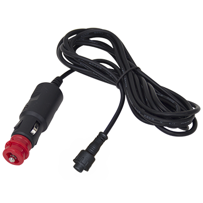 The Mean Mother 4x4 DC 12v Light Plug - Dual Colour is a coiled black electrical cable with a red-tipped plug and a two-pronged connector, featuring quick connect plugs for seamless device use.