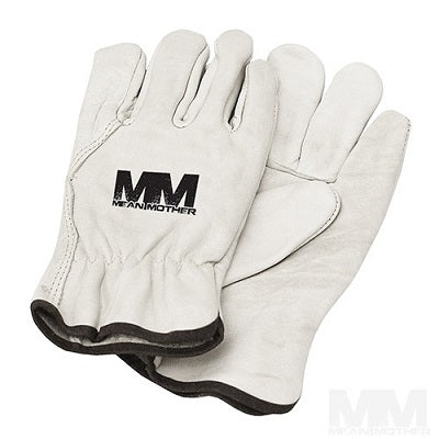 These white leather gloves feature "Mean Mother" and "MM" in bold black lettering. Crafted for durability with high tenacity nylon webbing, they offer the same reliability as the Mean Mother 4x4 Snatch Strap 11,000kg Safety Bundle, making them perfect for demanding tasks that require protection and resilience.