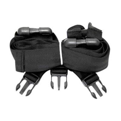 Two Mean Mother 4x4 black Rear Wheel Bag Straps sit on a white background, featuring plastic buckles. Ideal for securing baggage on 4WD vehicles or attaching to a spare wheel, they are neatly folded with twin-pronged attachments for reliability.
