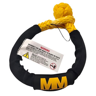 Check out the Soft Shackle & Snatch Ring Bundle from Mean Mother 4x4. It includes a yellow and black towing rope with the bold "MM" logo on a protective sleeve. This essential part of our comprehensive 4x4 Recovery Kit is crafted from durable UHMPE synthetic rope and features a safety warning tag for proper usage guidance. The coil concludes with a tightly knotted end.
