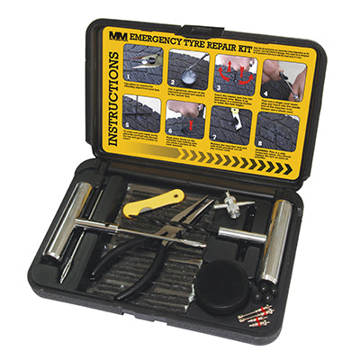 The Tyre Repair Kit by Mean Mother 4x4, a Heavy Duty Tyre Repair Kit with 28 pieces, comes in an open black case. Ideal for handling tubeless tire problems, it includes essential tools like pliers, a yellow-handled tool, tire plugs, and a valve adapter. The lid features illustrated instructions to guide you step-by-step through emergency repairs.