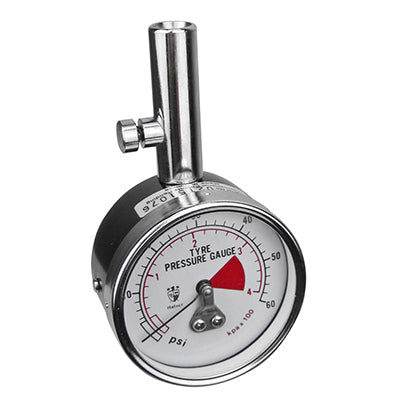 The Tyre Pressure Gauge 60 Psi by Mean Mother 4x4 is a chrome and black mechanical gauge featuring a round dial that displays pressure measurements in psi. It highlights a red zone from 40 to 50 psi, offering ANSI grade B accuracy. Additionally, it comes with a side valve attachment for convenient use.