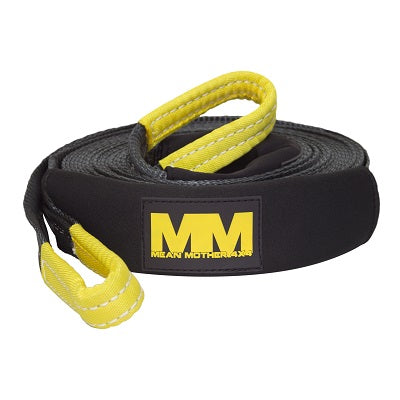 The Mean Mother 4x4 Extension Strap, featuring black and yellow colors with reinforced yellow loops and an "MM" logo patch, is a reliable tow strap that doubles as a winch extension for efficient recoveries.