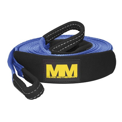 A coiled blue extension strap with reinforced black loops is ideal as a winch extension. A yellow "MM" logo and "Mean Mother 4x4" text on a black patch highlight its rugged reliability. Product: Extension Strap 60mm / 10m 8,000kg.