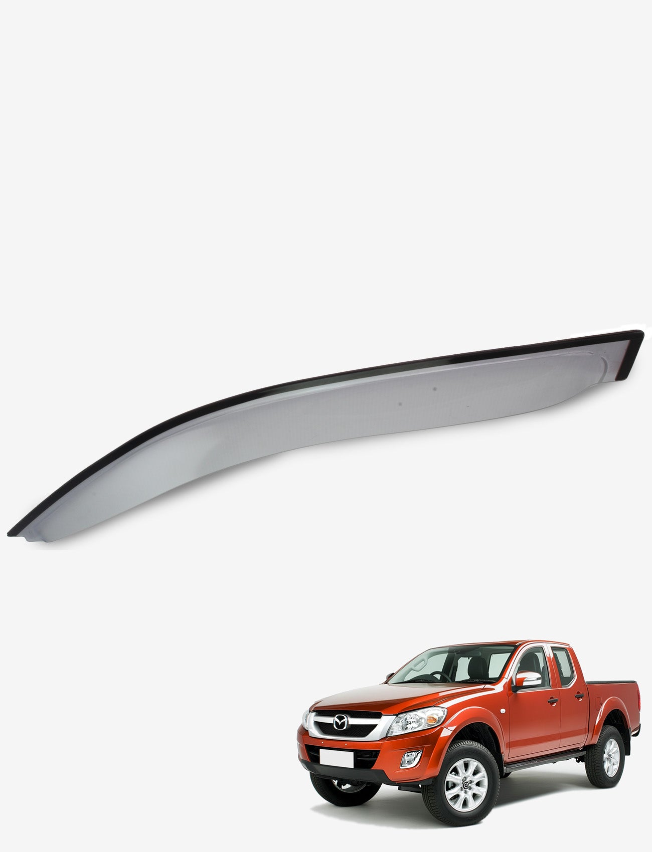 The Sunland Protective Plastics Weathershield Slimline Light Tint (MZ165SLP) for Mazda BT50 UP/UR Dual Cab (11/2011 - 07/2020) is a UV-stable acrylic deflector, custom-moulded, shown on a white background above an orange pickup with four doors.