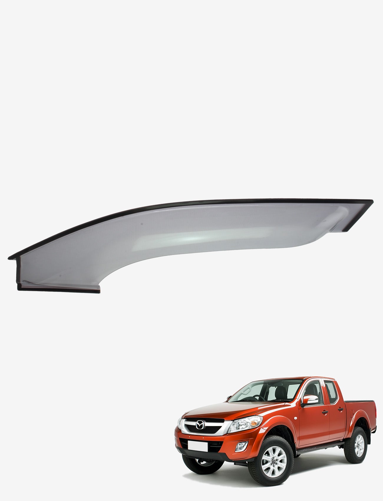 Close-up of a Sunland Protective Plastics Weathershield, light tint for Mazda BT50 UP/UR Dual Cab (2011-2020), near an orange pickup truck on a white background.