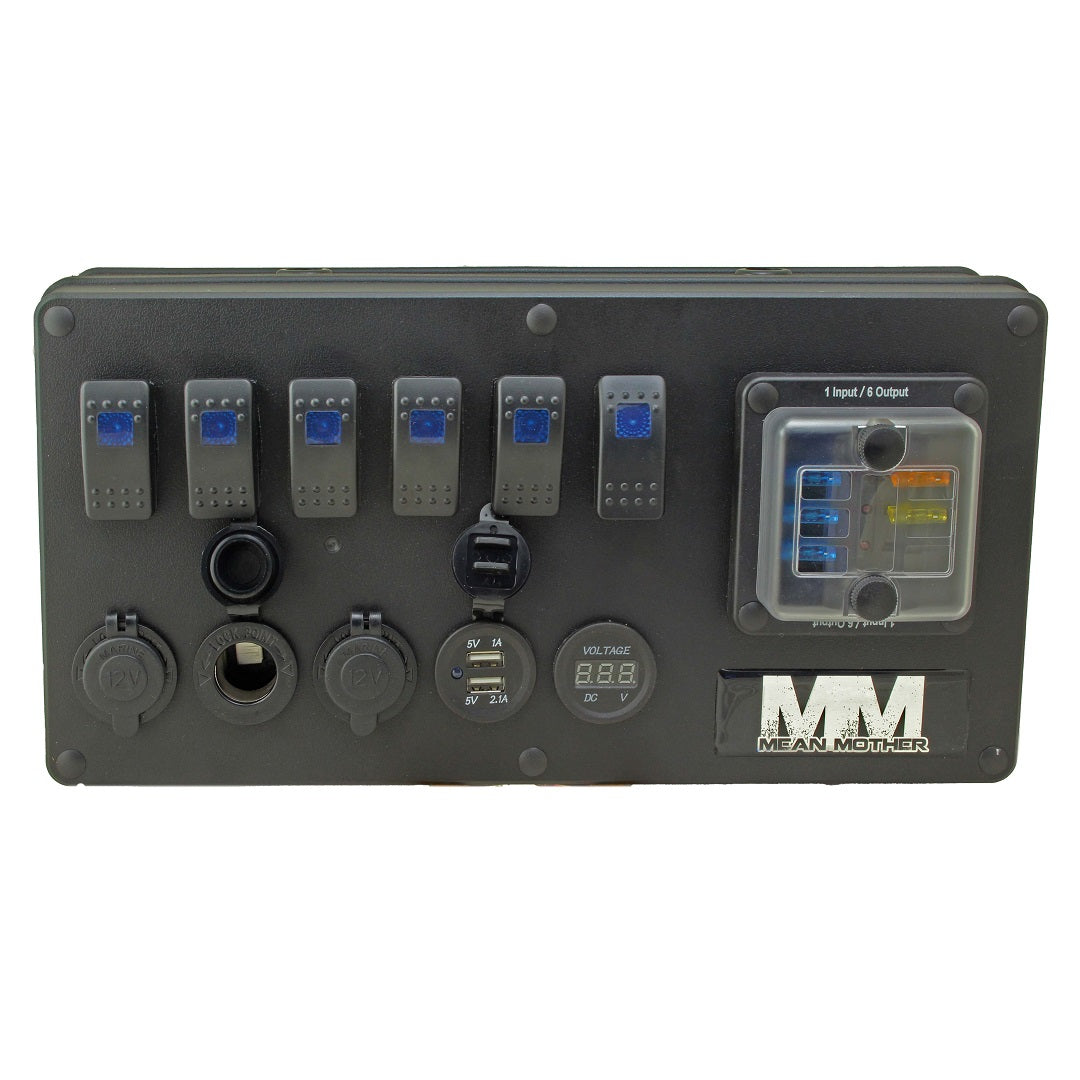 The Mean Mother 12v Power Control Box is a black electrical control panel designed for canopies and caravans. It comes equipped with multiple switches, buttons, and outlets, featuring USB ports, a voltage display, the MM Mean Mother logo, "Input/Output" labels, various switch indicators with blue LED lights, and a waterproof fuse box.