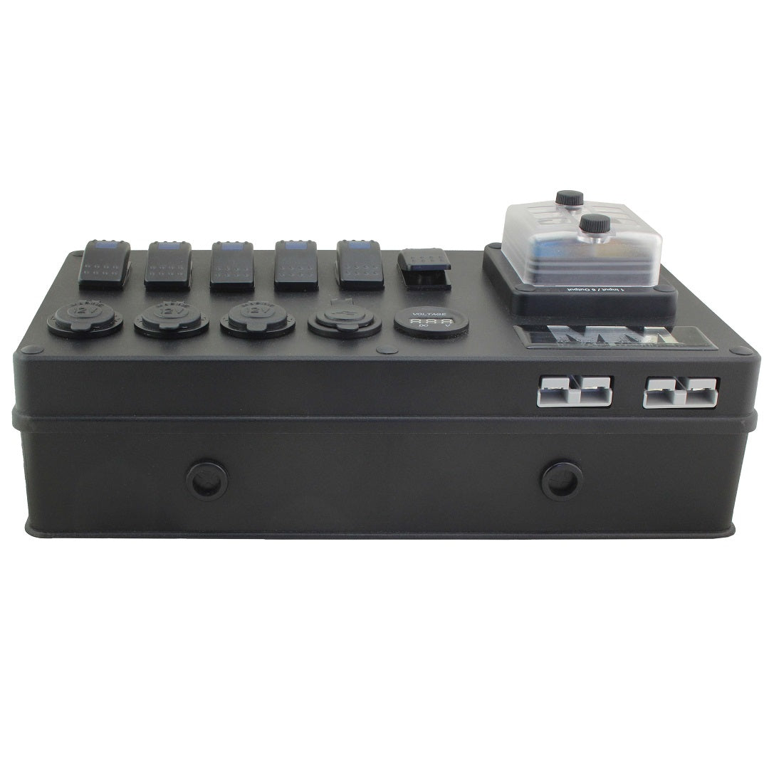 The Mean Mother 12V Power Control Box by Mean Mother is a black, rectangular device equipped with multiple sockets and a clear protective cover on one component. It features several switches and connectors, as well as two Ethernet ports on the rear side, making it perfect for canopies and caravans.
