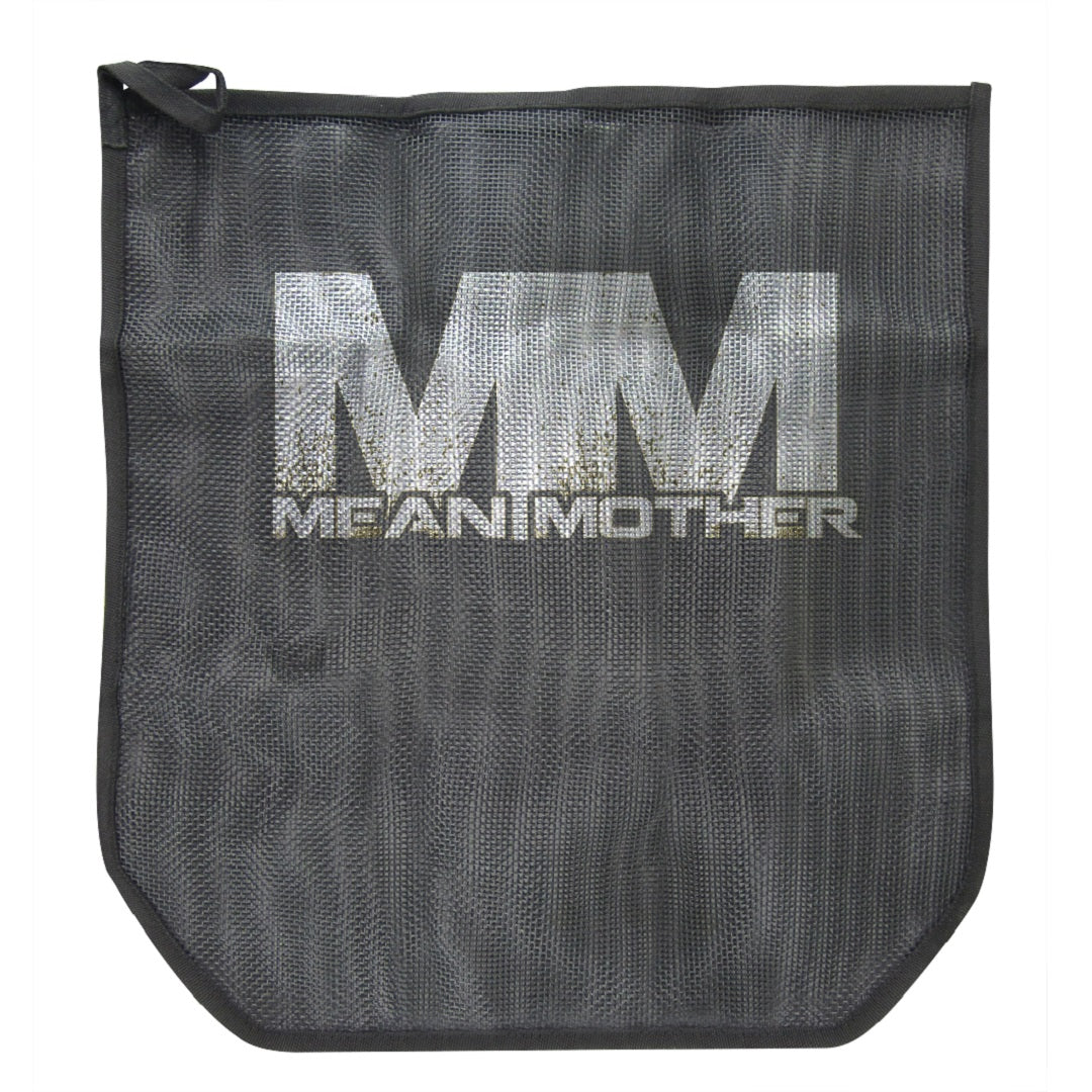 The Mean Mother Recovery Strap Drying Bag is a black mesh storage solution, prominently displaying "MM" and "MEAN MOTHER" in bold white letters on one side. It includes a drawstring closure at the top and provides excellent ventilation for quick drying, making it ideal for storing your recovery strap.