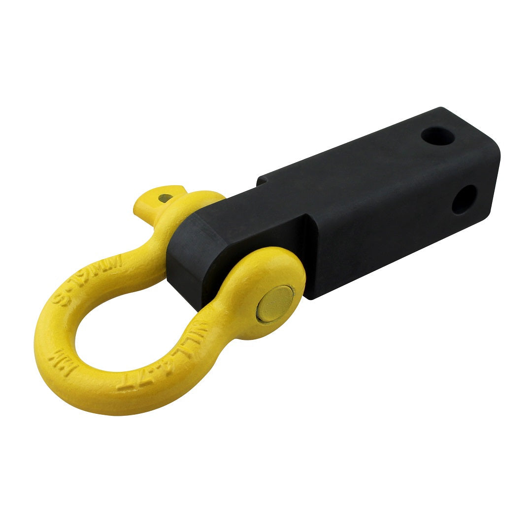The Mean Mother Recovery Hitch / Shackle, crafted by the renowned brand Mean Mother, features a robust yellow bow shackle firmly connected to a sleek black rectangular hitch receiver, creating a dependable towing system specifically engineered for vehicle recovery. Equipped with a pin, this shackle is perfect for off-road applications.