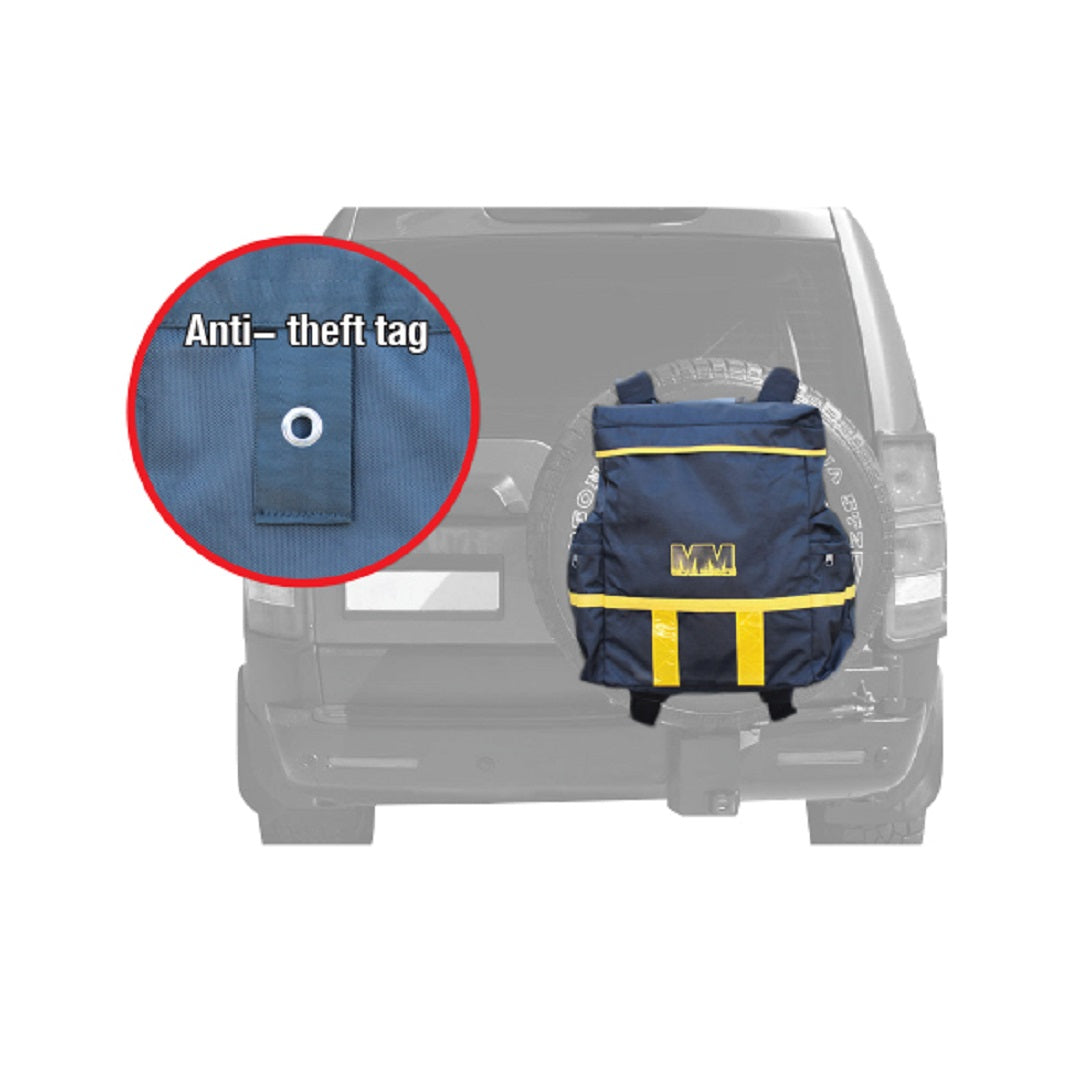 The Rear Wheel Bag from Mean Mother 4x4 is displayed in blue and yellow, crafted from heavy-duty materials, fitted on the back of a vehicle. The image showcases the anti-theft tag feature with a circular inset on the left.