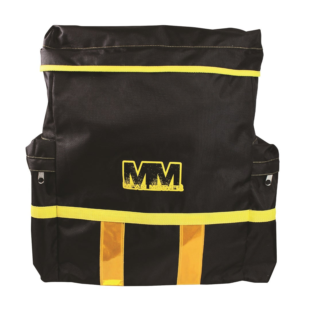 Introducing the Mean Mother 4x4 Rear Wheel Bag in black, designed with standout yellow accents, including two vertical stripes and a central "MM" logo in yellow. This durable bag is constructed from heavy-duty materials and provides easy storage with its side pockets and secure flap closure.