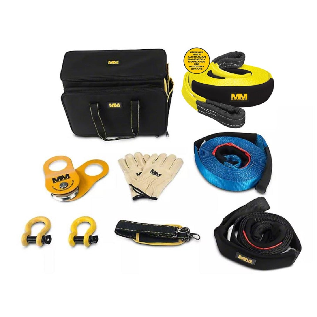 Ideal for the dedicated 4WD enthusiast, the Mean Mother 4x4 Recovery Kit 11,000kg 8pc | Premium includes a stylish black bag, supportive gloves, eye-catching yellow, black, blue, and red recovery straps, a robust pulley, and reliable shackles. These components are effectively arranged on a white background to emphasize their preparedness for any off-road adventure.
