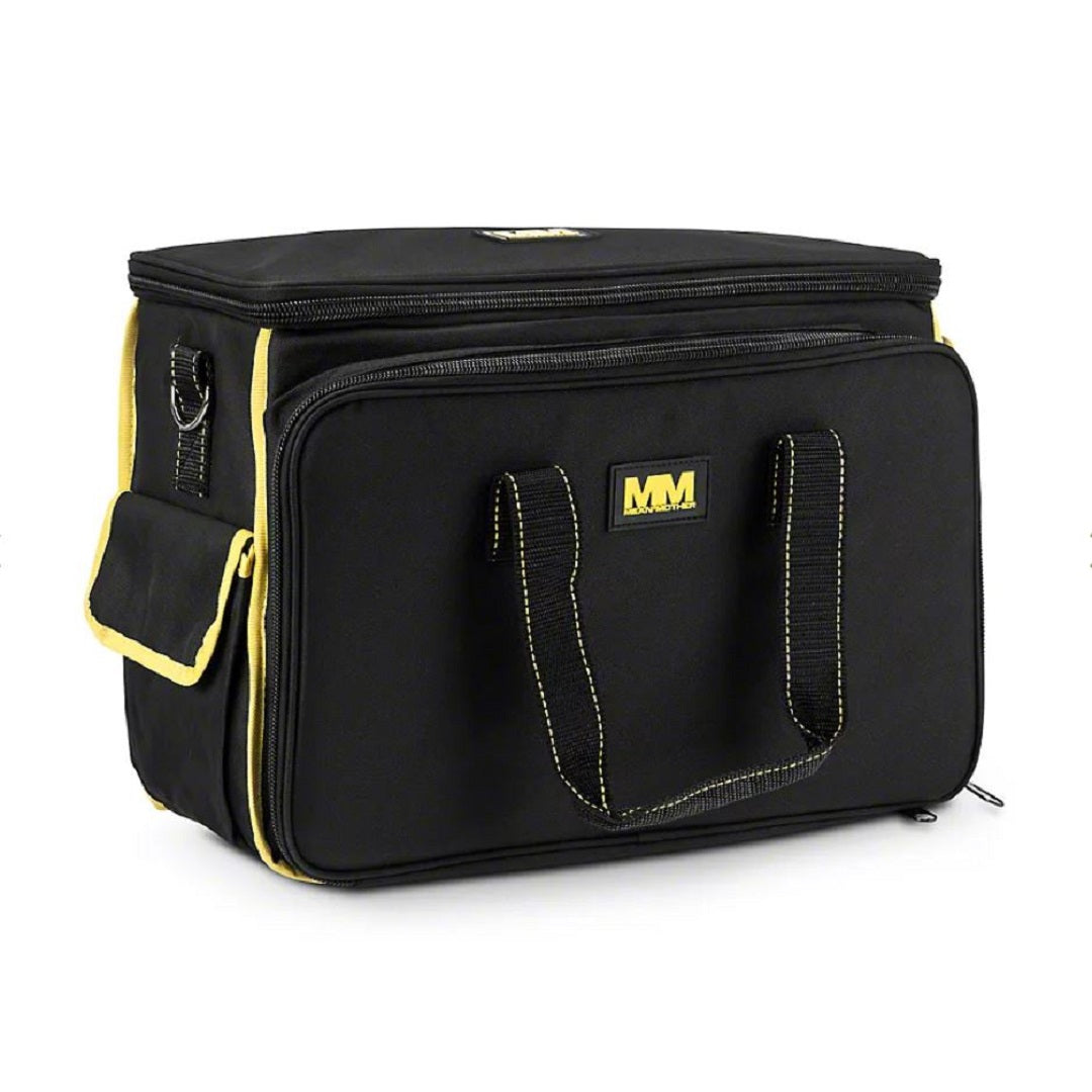 The Mean Mother Recovery Kit Bag in large size is a black and yellow tool bag featuring dual handles and a heavy-duty zipper closure. Its rectangular shape makes it ideal for carrying 4WD recovery gear, and it prominently displays the "MM" logo on the front pocket.