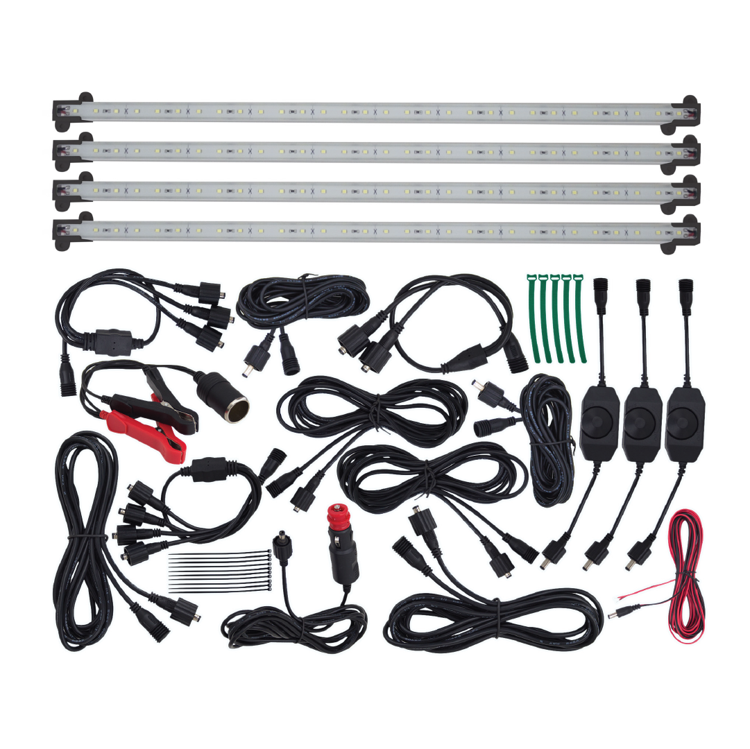 Image showcasing the MEAN MOTHER Led Light Bar Kit - Single Colour 12V by Mean Mother 4x4, which includes four waterproof LED strip lights, power adapters, magnetic end caps, connectors, switches, mounting clips, and assorted cables. The components are neatly arranged on a white background.