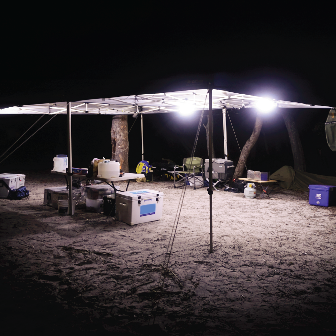 A serene campsite at night is aglow under a canopy, thanks to the MEAN MOTHER Led Light Bar Kit - Single Colour 12V by Mean Mother 4x4. The site features coolers, chairs, and camping gear spread across the sandy terrain. These waterproof LED light bars with magnetic end caps add ambiance to the scene, with trees silhouetted in the background.