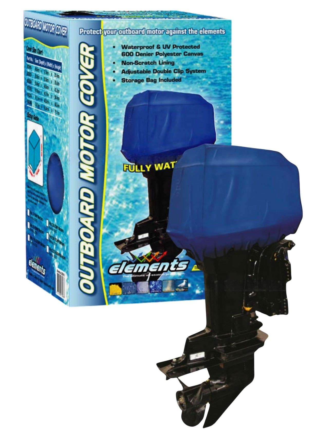 A Sunland-Protection Outboard Cover 115-225HP in blue waterproof polyester canvas is displayed on a motor with a matching box. This cover offers full UV protection to shield your motor from the elements.