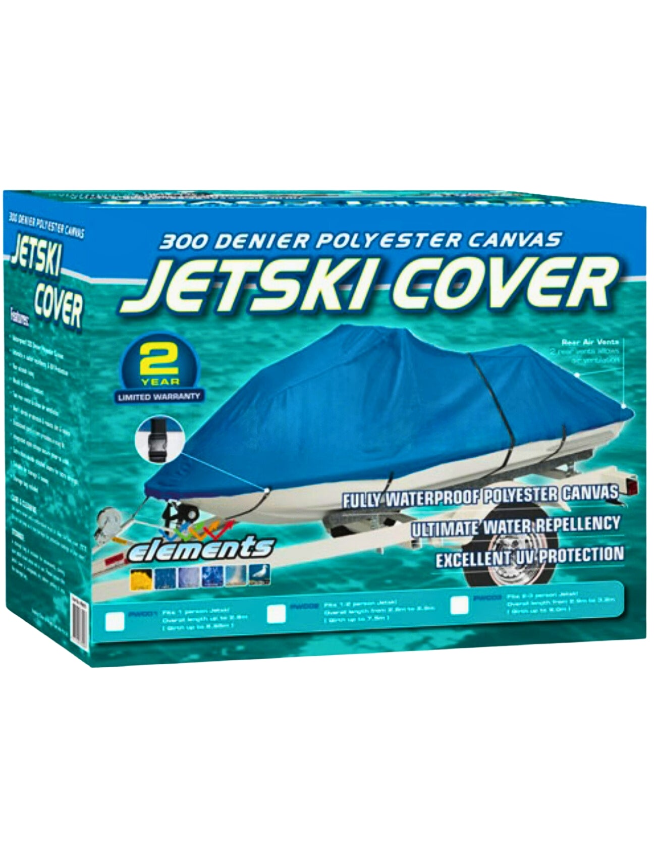 The Sunland-Protection JET SKI COVER - THREE PERSON is made from 300 Denier Polyester Canvas, offering complete waterproof and UV protection. The package reveals the brand and includes a 2-year limited warranty.