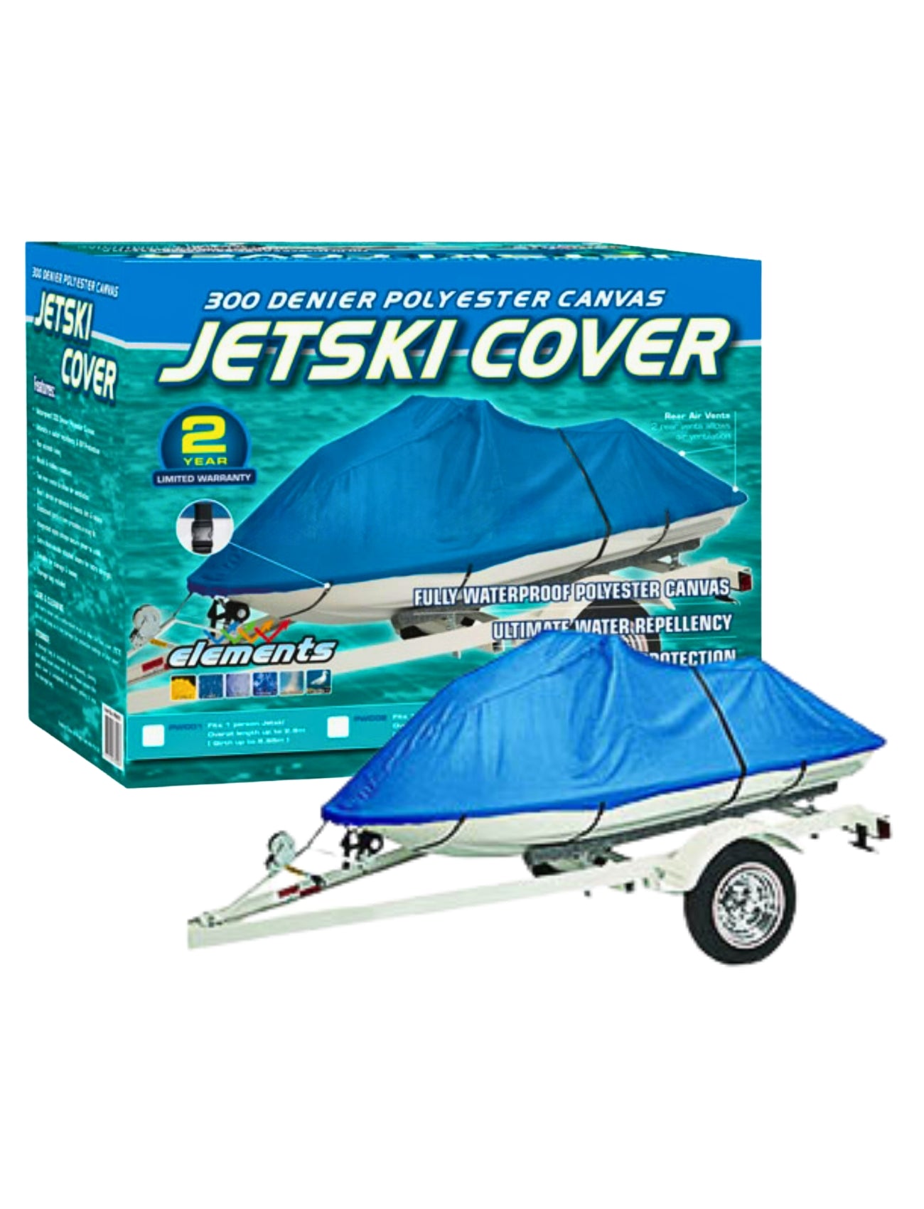 The Sunland-Protection JET SKI COVER - ONE PERSON, made from 300 denier polyester canvas, is showcased on a trailer. Its packaging highlights the water-resistant feature for superior water repellency and offers a 2-year limited warranty.