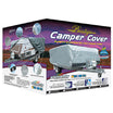 Box packaging for the "Prestige Caravan Cover 4.2m - 4.8m" showcasing images of a caravan covered with waterproof fabric. It highlights UV-stabilised protection features and is branded with Prestige's logo in the bottom left corner. The background displays a scenic outdoor view.