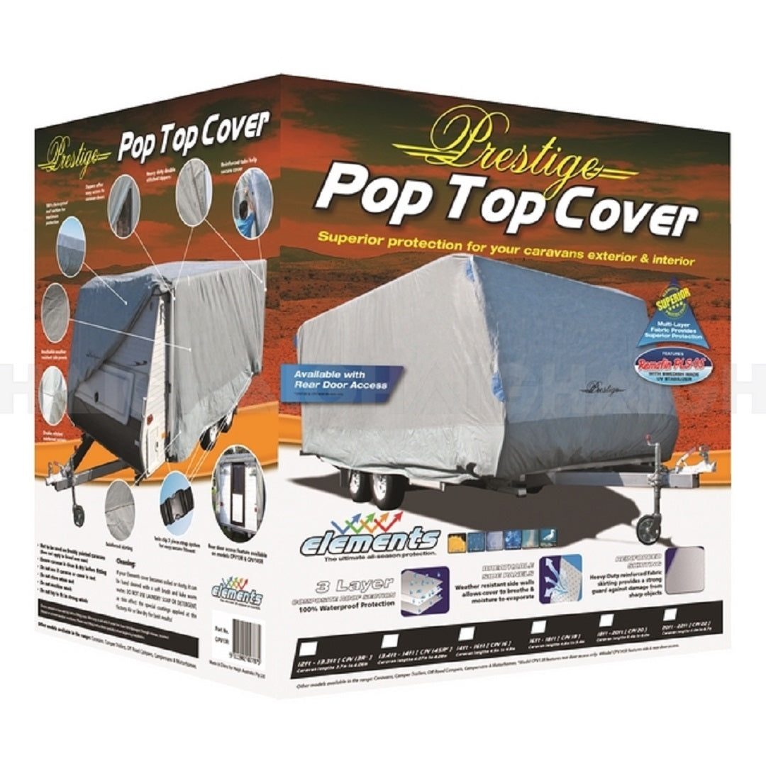Image of a Prestige Pop Top Caravan Cover packaging box. The box displays an illustration of a caravan, highlighting the superior protection offered by the 18ft Pop Top Caravan Cover's UV-stabilised and waterproof fabric. Key features include zippered door access and promotional text about its availability.
