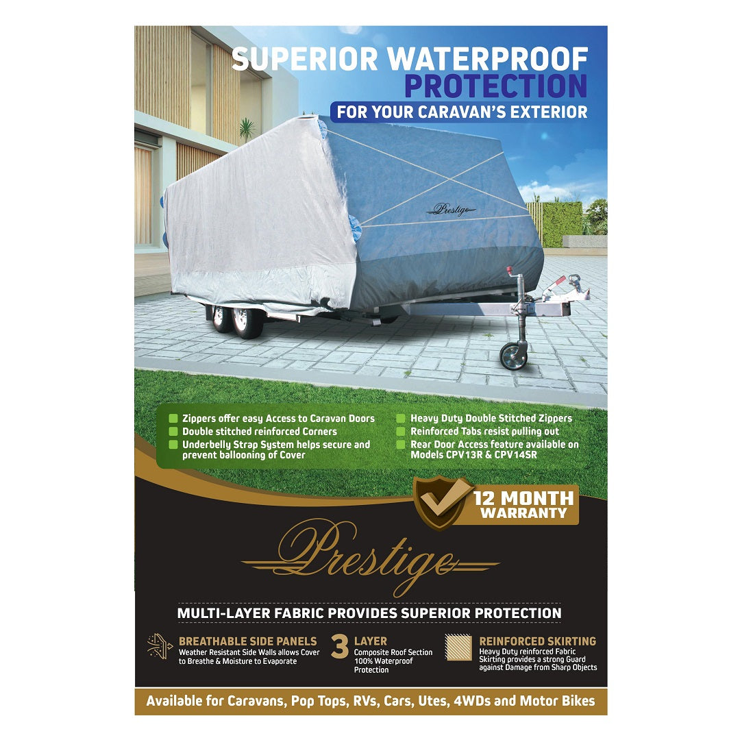 A promotional poster for the Prestige Pop Top Caravan Cover, suitable for 18ft pop top caravans, highlights its waterproof fabric and UV-stabilised protection. Features include zippers for easy access, reinforced corners, and a heavy-duty zipper. Backed by a 12-month warranty, it's perfect for various vehicles.
