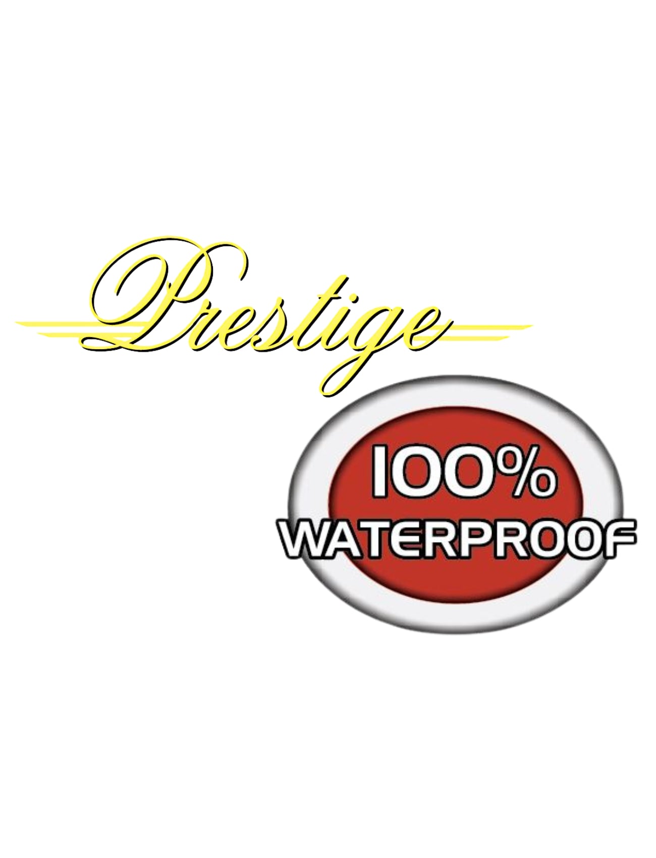 The image showcases "Prestige" in elegant script above a red oval reading "100% WATERPROOF" in bold white, emphasizing the durable 4-layer fabric. The sleek design hints at Sunland-Protection's Prestige Car Cover - Ute with UV stabilization, set against a pristine white background.