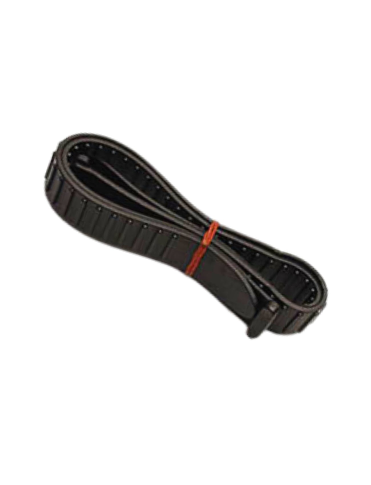 The MIRROR STRAP BUCKLE SUIT QFM86/QFT96 by Sunland-Protection is a coiled black belt with silver studs and a red band. It's figure-eight-shaped on a white background, resembling the practicality and sturdiness of clip-on towing mirrors.