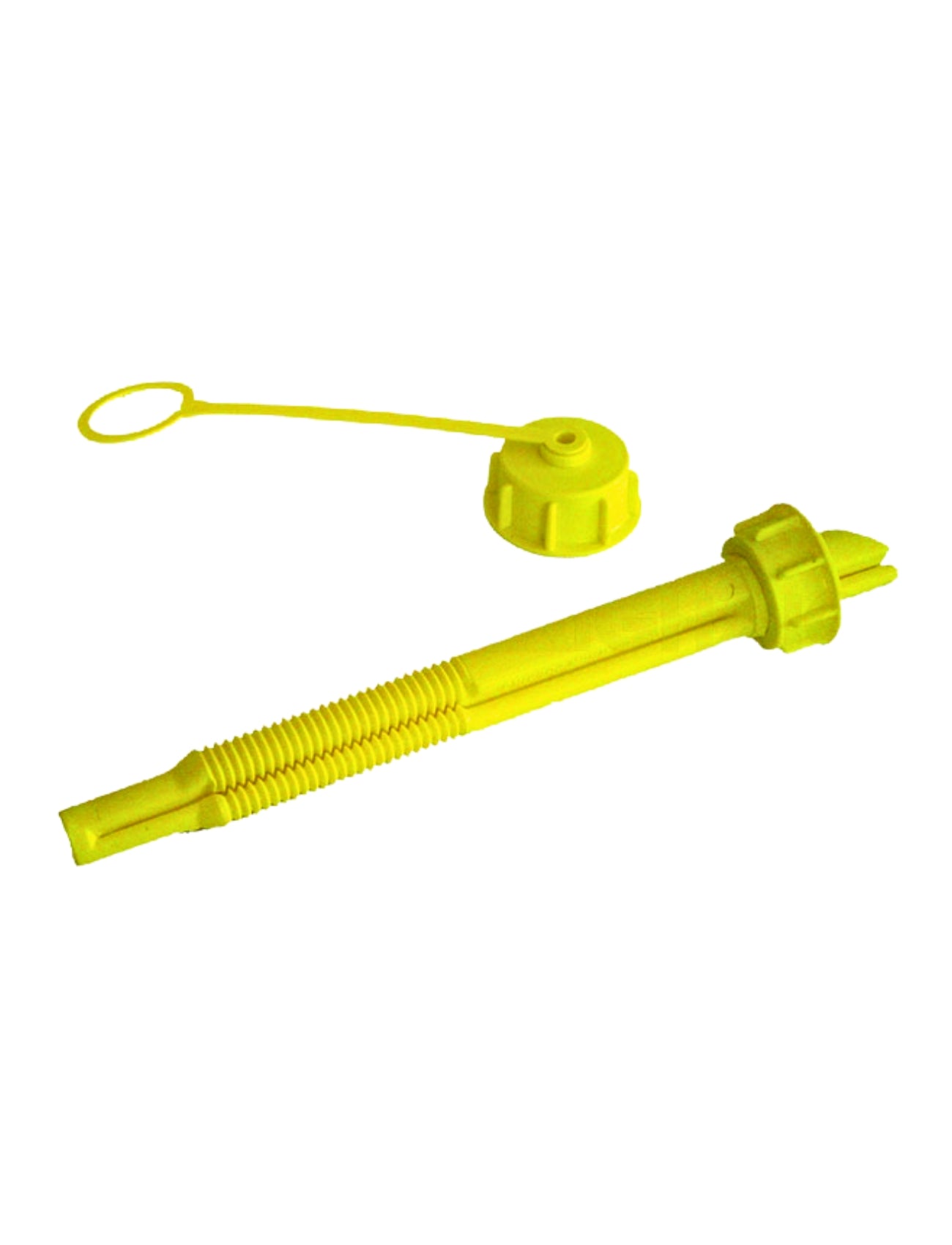 The Sunland-Protection FUEL SAFE CAN CAP/OVERCAP AND SPOUT features a yellow polyethylene ribbed handle, pointed tip, and round cap with a looped strap for secure storage. It's perfect for Fuel Safe containers and is isolated on a white background.
