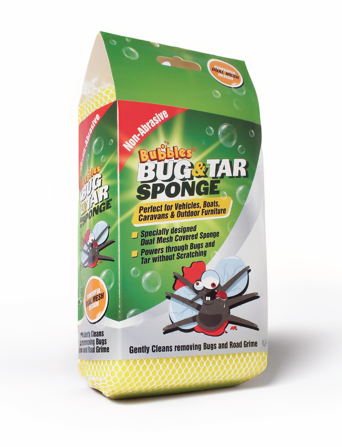 The packaging of the "Sunland-Protection Bubbles Bug & Tar Shifter Mesh 10.5 x 18cm" features cartoon bug and tar graphics. This dual mesh sponge is made from non-abrasive materials, ideal for gently removing bugs and grime from vehicles and outdoor furniture.
