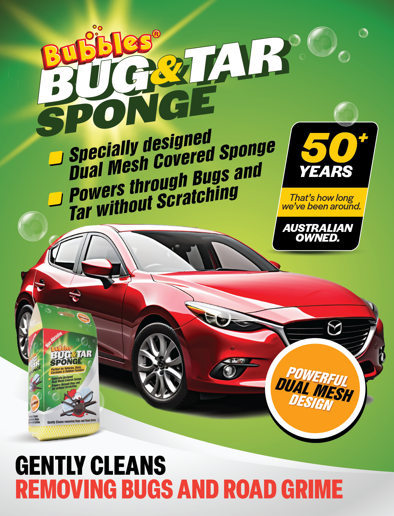 Discover the BUBBLES BUG & TAR SHIFTER MESH 10.5 x 18cm by Sunland-Protection, ideal for cleaning vehicles. Its dual mesh ensures gentle, scratch-free cleaning. An Australian-owned brand trusted for over 50 years, perfect for removing bugs and tar from your beloved red car!.