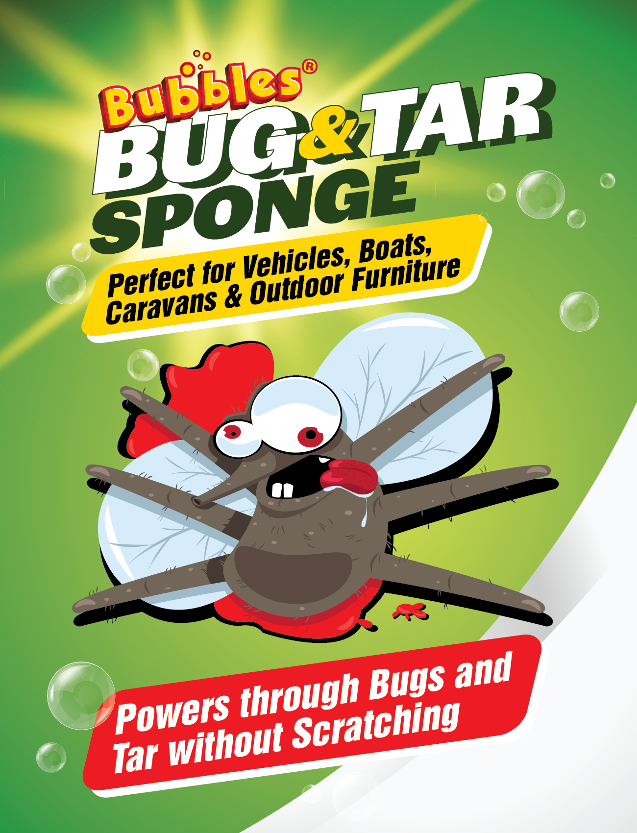 A cartoon fly with a red tongue smiles on a green background. "Sunland-Protection BUBBLES BUG & TAR SHIFTER MESH 10.5 x 18cm" easily removes bugs and grime from cars, boats, caravans, and outdoor furniture.