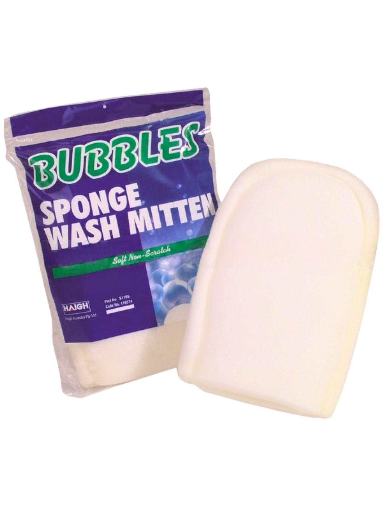 The white Sunland-Protection BUBBLES - SPONGE WASH MITTEN, with its soft, non-scratch material ideal for car washes, is shown next to its packaging. The simple white background emphasizes the product's functionality.